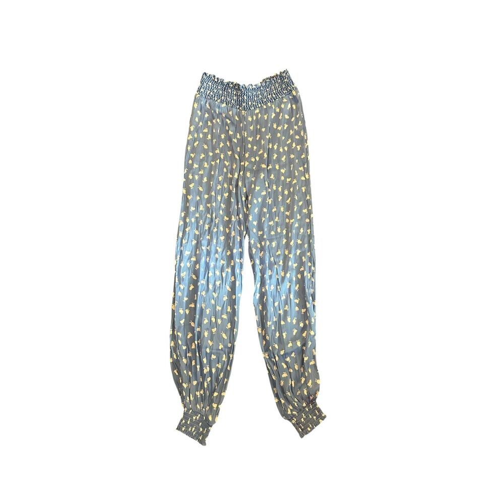 Women P Morgan Lane Blue Silk Blend Pajama Lounge Sleep Pants Bird Print